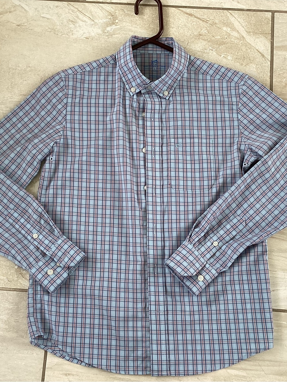 Southern Tide Boy’s Light Blue and Orange Plaid Button-Down Shirt Size Large